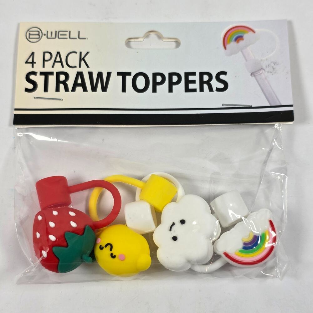 B-Well 4 Pack Silicone Straw Toppers Cute Fruit Cloud Rainbow NEW